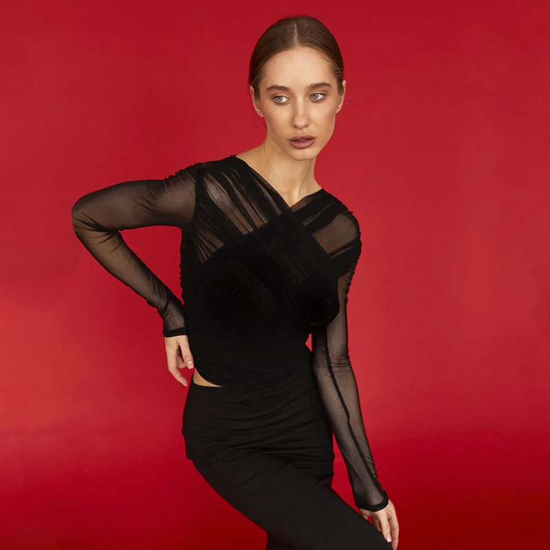 2000s European and American women's autumn High Street new retro style solid color mesh Sexy pleated Long sleeved T-shirt tops