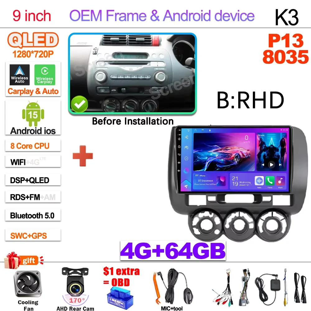 Android 15 Car Radio For Honda Fit Jazz City 2002 2003 2004 2005 2006 2007 Multimedia Video Player Navigation GPS 5G Carplay RDS image 3