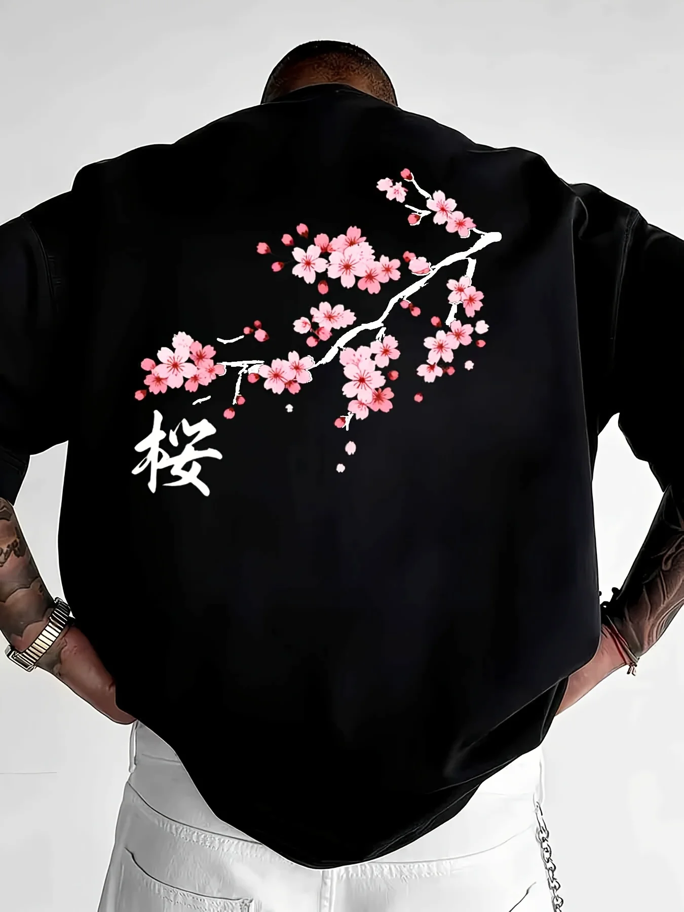 Fashionable Loose Comfortable and Casual Cherry Blossom Pattern 100% Pure Cotton Men's T-shirt Summer New Style Versatile Top