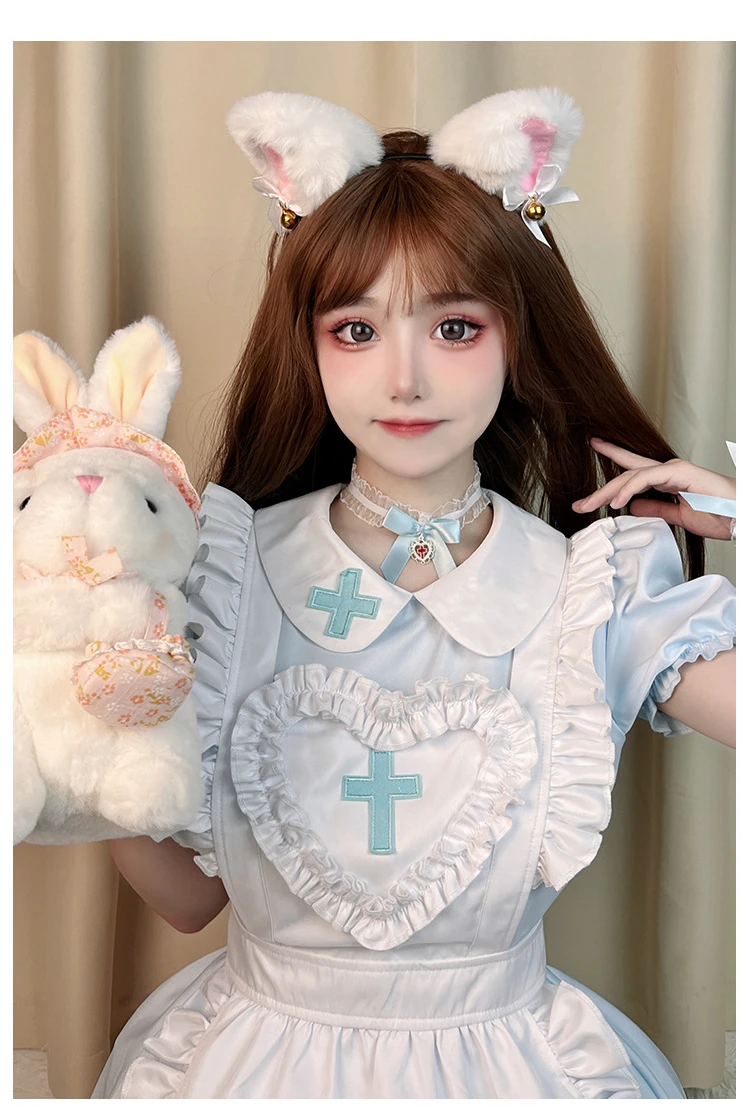 IOOTIANY Gothic Lolita Cosplay, japanisches Anime-Kostüm, cremefarbenes, herzförmiges, rosafarbenes Lolita-Kleid, Kostüm im Stil einer Dienstmädchenuniform, kurzärmelige Krankenschwesteruniform. – Detail 12
