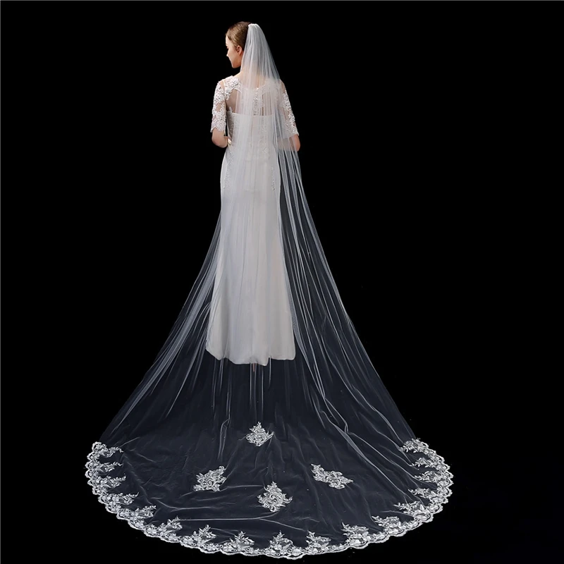 

Wholesale Welon ivory Cathedral Wedding Veil Long Lace Applique Bridal Veils with Comb Weeding accessoire Voile mariee Sposa