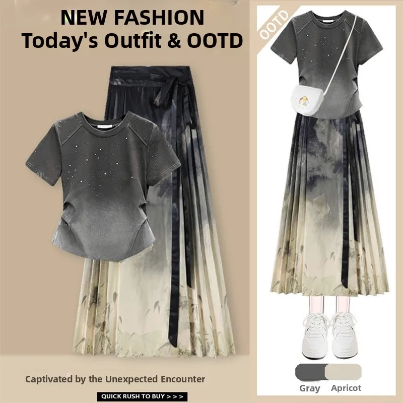 

Chinoiserie Hanfu f Skirt Women's round Ne adient Color T-irt New Autumn Sle Improved Ma Face Skirt Anti-Aging