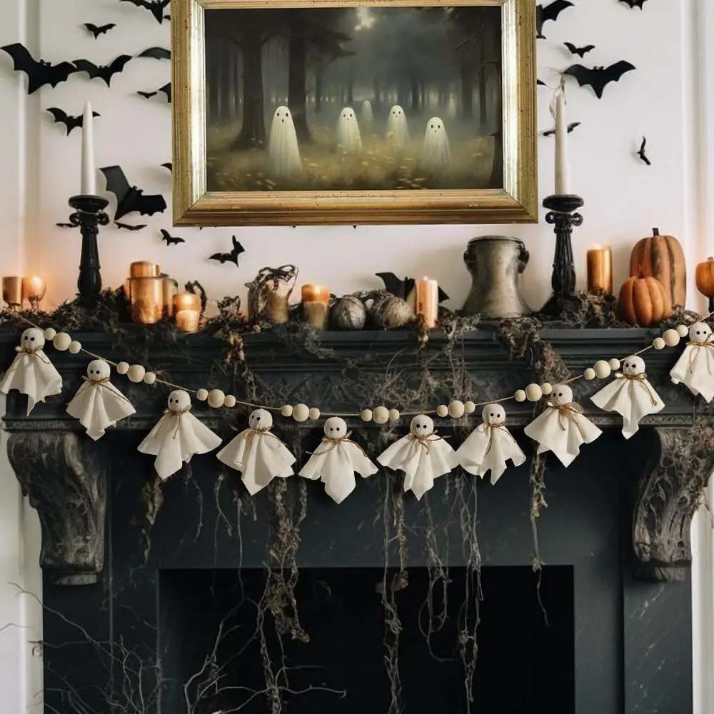 Niedliche Halloween-Geistergirlande, Vintage Rustikale Handgemachte Geister-Ornamente mit Holzperlen, Innendekoration für Wand und Kamin – Detail 1