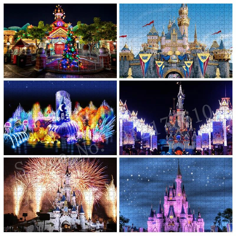 Walt Disneyland Castle Jigsaw Puzzle 300/500/1000 Christmas Neon Lights Puzzles Crafts Decompression Gift Educational Game Toys