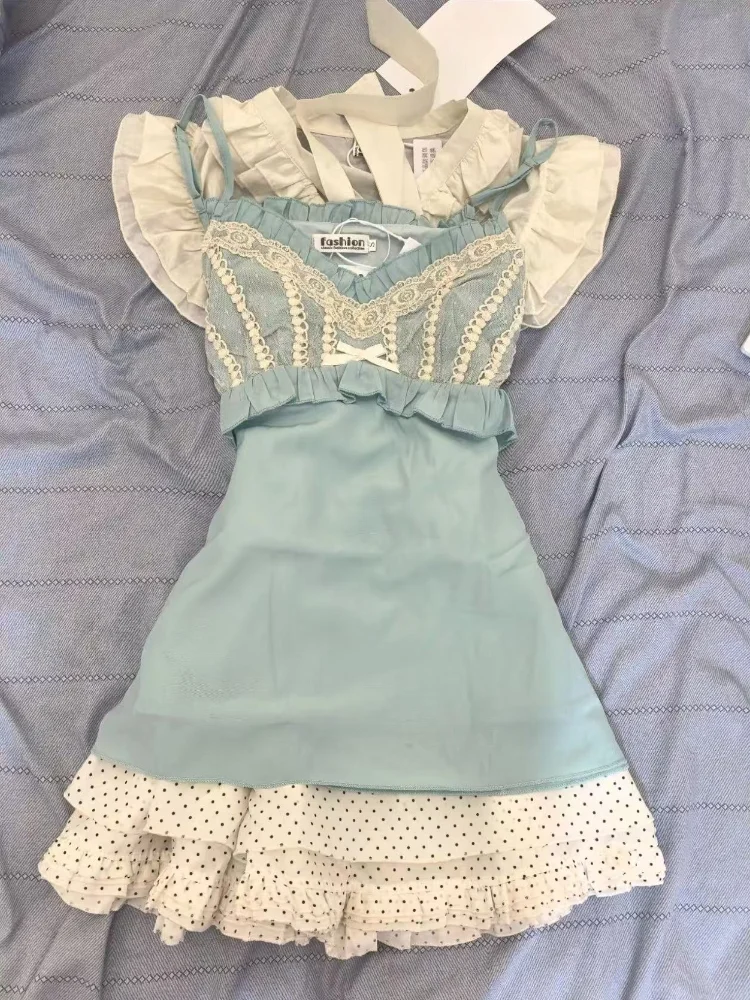 Vintage Elegant Set Women's Clothe Summer Bow Slim Fit Shirt+lace Camisole+polka Dot Shorts Three Piece Suit 2025 Fashion New