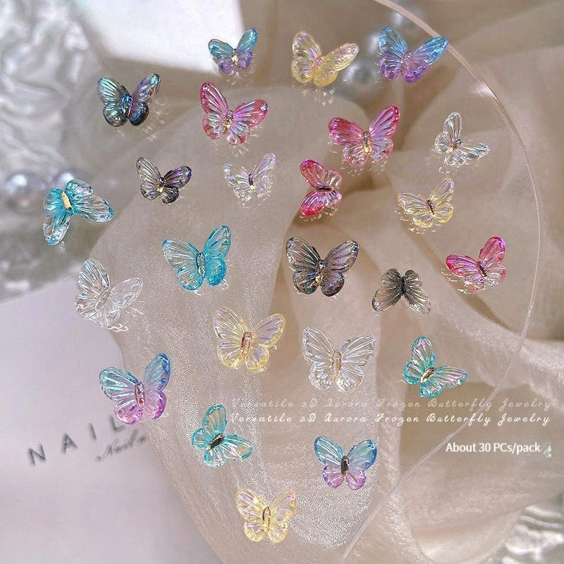 Shaped Aurora Butterfly Jewelry  Gradient Resin three-Dimensional Nail Charm Butterfly Zirconia Luxury Charms 30pcs