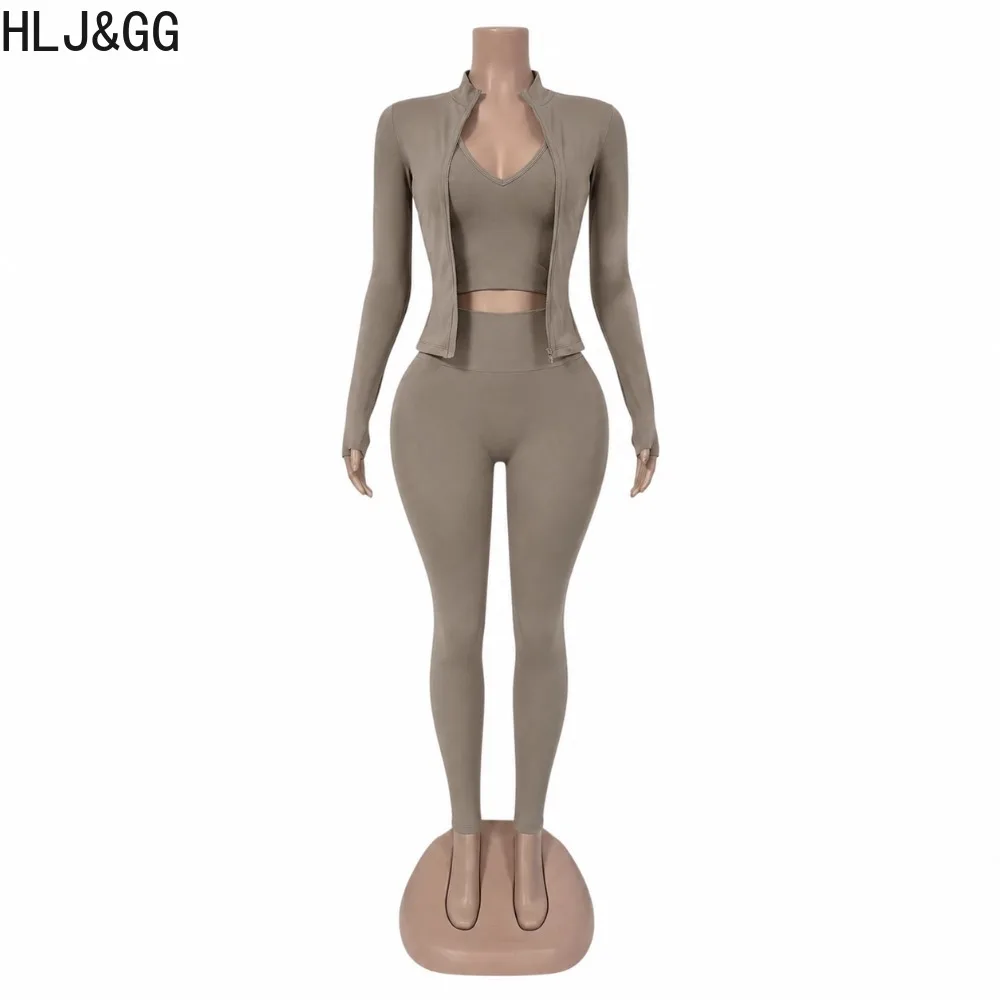 HLJ&GG High Quality Women 3 Piece Set Sleeveless Tube Tank Top and Flared Pants and Zipper Jacket Casual Streetwear Outfits New