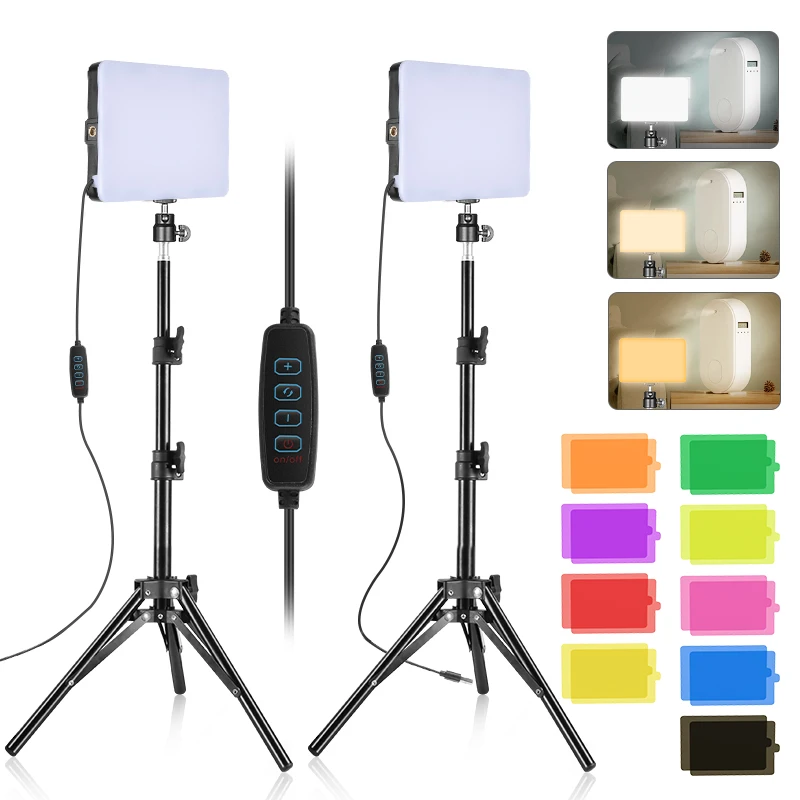 2-Pack Led Video Light Adjustment Brightness 5600k USB Pulg Lighting With Stand And Color Filters Add Color Kit Light For Stream