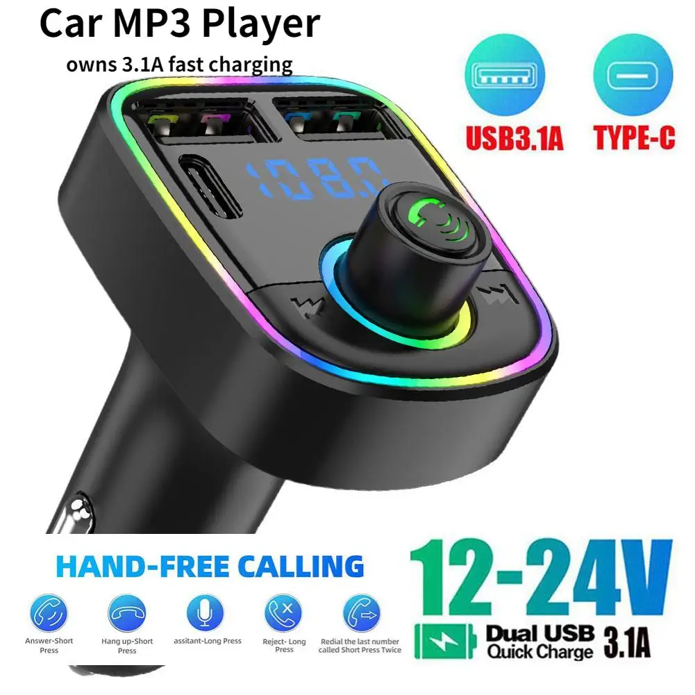 

2023 Car BT5.0 FM Transmitter PD Type-C Dual USB 3.1A Fast Charger Colorful Ambient Light Handsfree MP3 Modulator Player