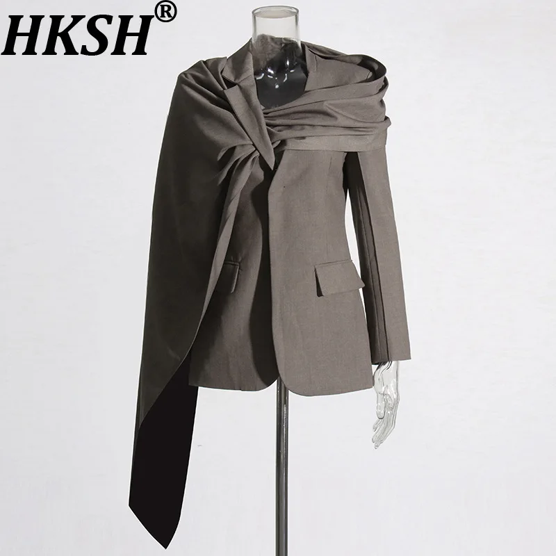 HKSH Spring Autumn New Women Blazer Elegant Niche Design Pleated Shawl Patchwork Multi-Way Wear Solid Color Elegant Coat HK17852