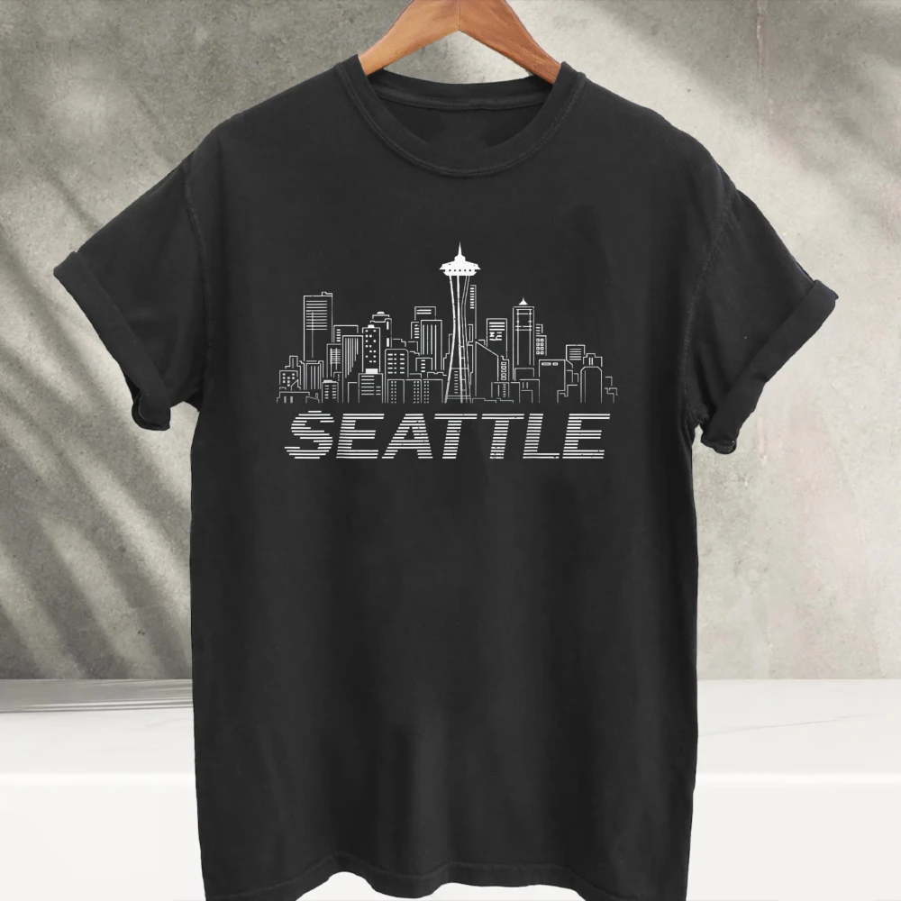 Seattle City Skyline Space Needle Graphic T‑Shirt Short Sleeve Tees Urban Cityscape Silhouette Print Soft Cotton Casual Tops