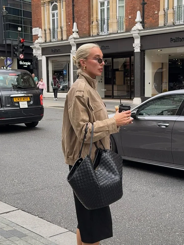 Módní semišová zipová zkrácená bunda pro ženy, pevný stojáček, plný rukáv, kapsa, volné bundy, podzim 2025, dámské dojíždějící oblečení - náhled 6