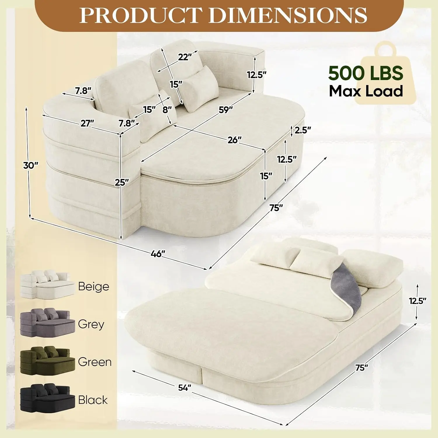 CompressionLoveseatSofaBedCouchFoldabl Full-Size Guest Bed with 4 Pillows for Living Room Bedroom Apartment, Beige