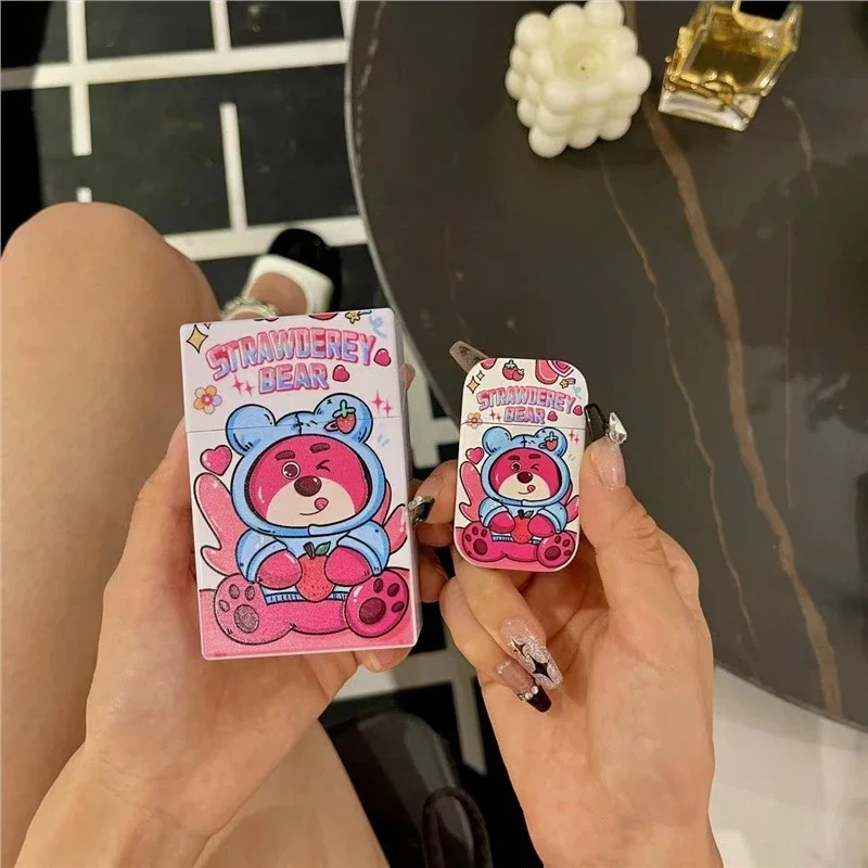 Sanrio HelloKitty Cigarette Case and Lighter Set Mymelody Cigarette Box Cute Smoke Ornaments Pink Flame Windproof Lighters Gifts