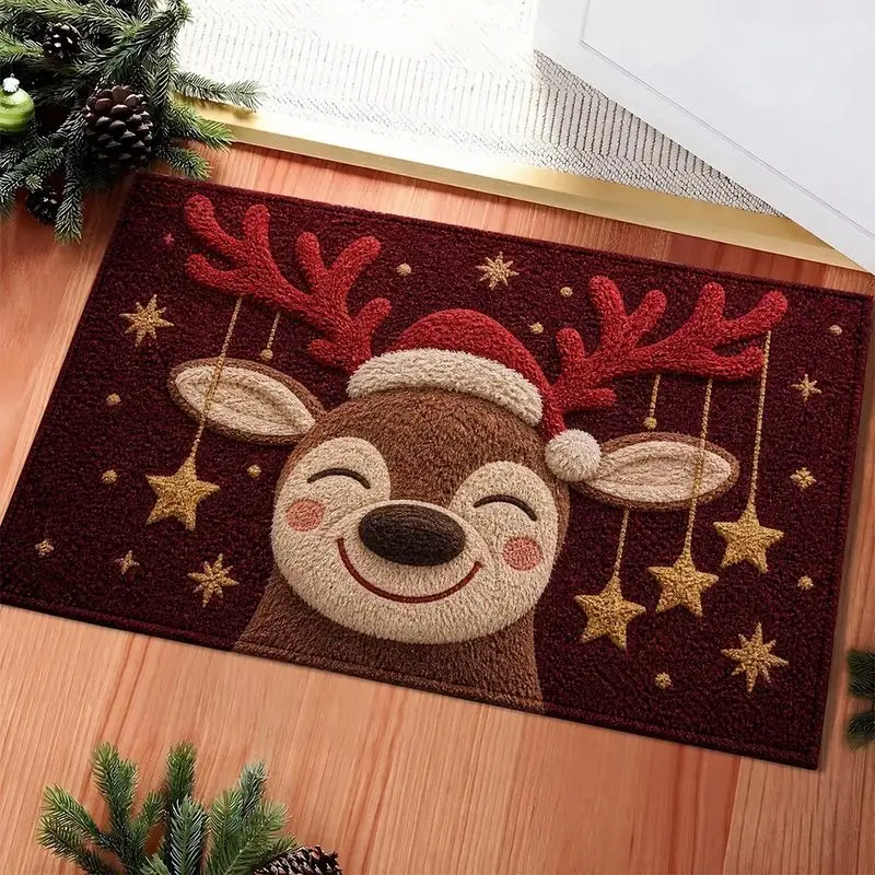 VIKAMA Brown Gingerbread Man Snowflake Holly Berry Christmas Tufted Doormat Holiday Welcome Rug Non Slip Floor Mat Decor Soft