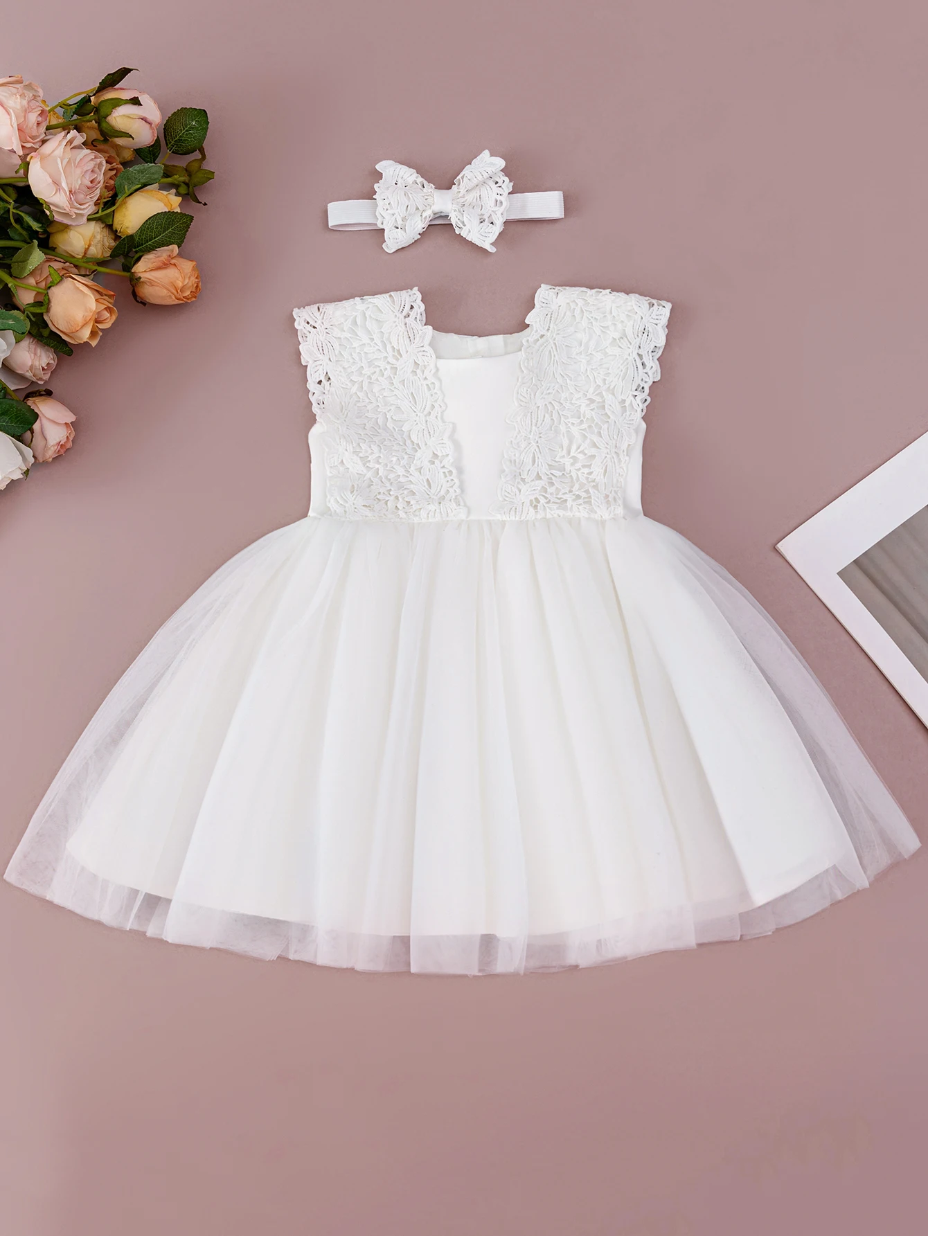

Baby Girl Patchwork Lace White Baptism Dress Birthday Wedding Flower Girl Tulle Skirt Small Dress with Hair Band