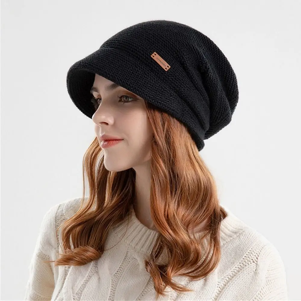 Casual Soft Knitted Hat Short Brim Fleece Lined Bonnet Keep Warm Thickened Ear Protection Women Girl
