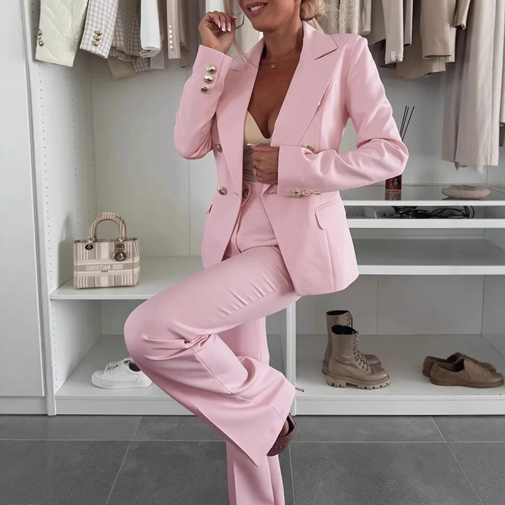 2-teiliges Outfit, Metallring-Dekor, gekerbter Kragen, geraffte Taille, Wickel-Frontmantel, Reißverschluss, elastische Rückseite, Taille, Blazer, Hosen-Set