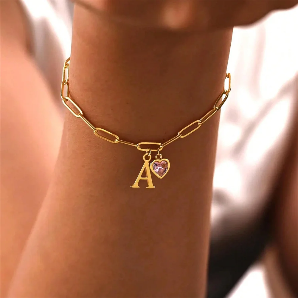 

Personalized Stainless Steel Bracelet Gold Color Custom Initial Letter Birthstone Heart Charm Paperclip Chain Jewelry For Women