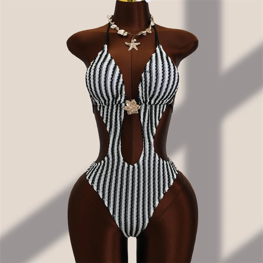 Striped One-piece Swimsuit Crochet Knitted Bikini Extreme String Backless Monokini Metal Flower Swimwear Hollow Out Beach Outfit