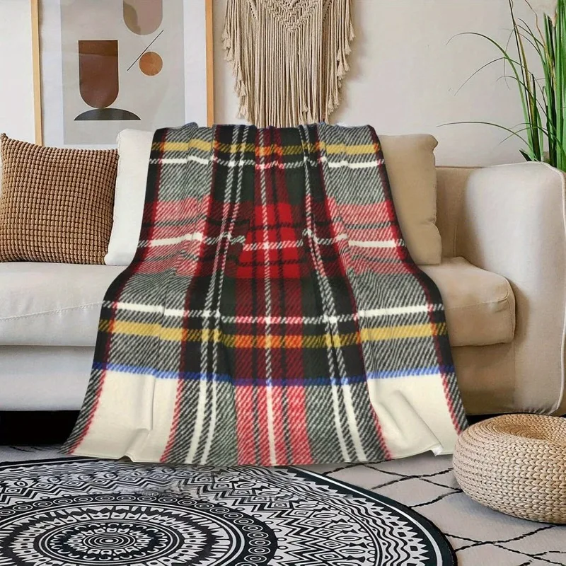 1pc Scottish Tartan Red and White Plaid Pattern Flannel Bed Blanket Cover Lightweight Comfortable Plush Throw for Bedroom