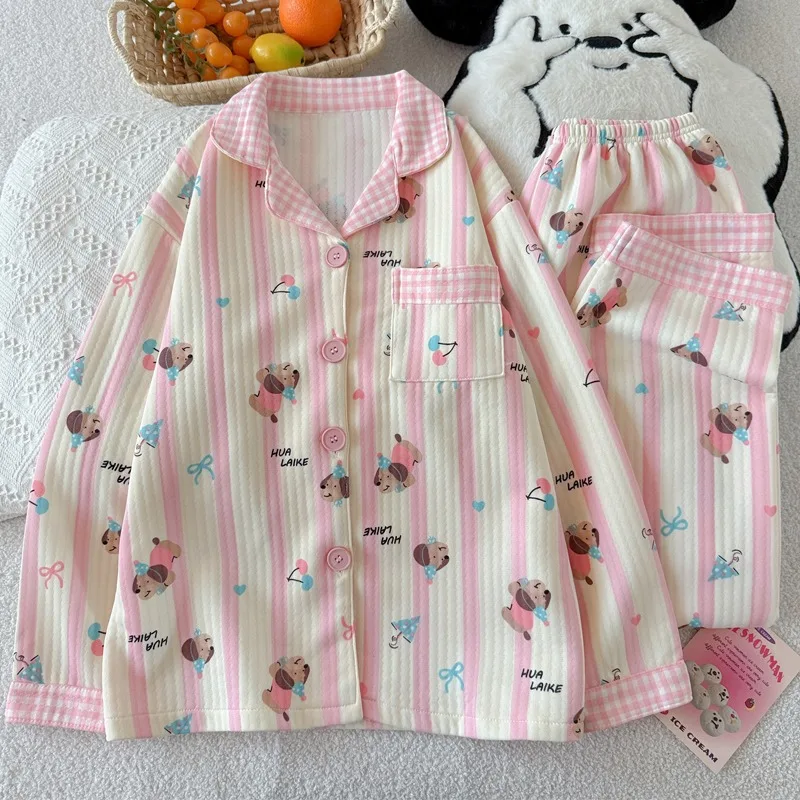 

Корейский милый полосатый женский пижамный комплект с собакой Y2K, базовый модный повседневный комплект одежды для сна из 2 предметов, осенне-зимняя новая одежда для дома с длинными рукавами