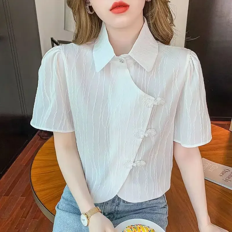 TPJB New Vintage Turndown Collar Short Blouse Women Elegant Chic Retro Buckle Crop Tops Woman National Style Cheongsam Shirts
