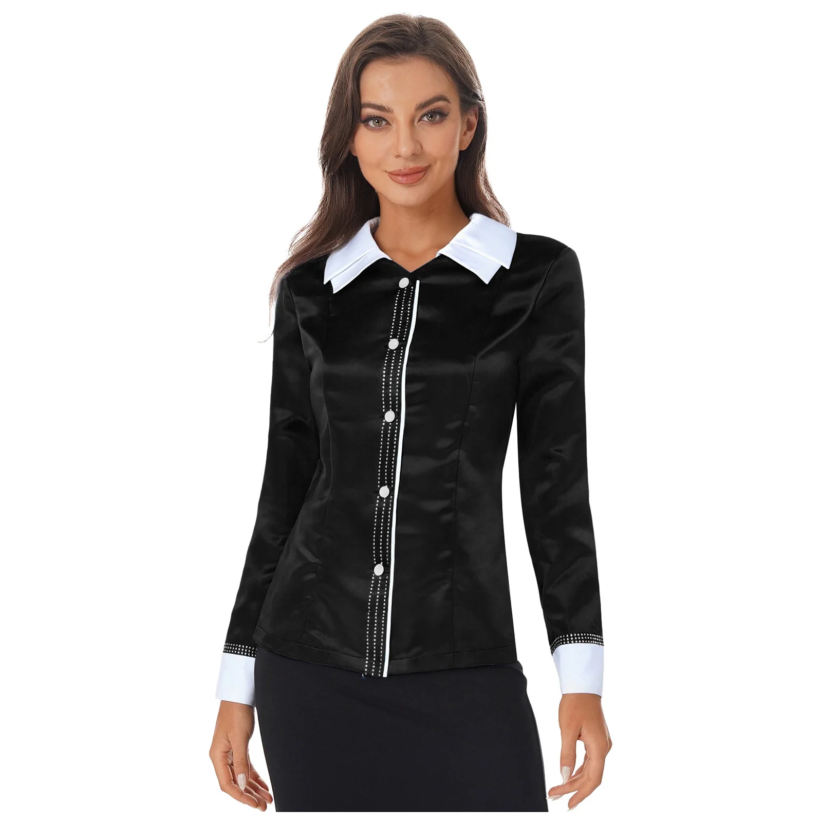 Women Clergy Priest Shirt Top Worship Costume Contrast Color Lapel Long Sleeve Button-down Blouse Top Coat for Halloween Cosplay