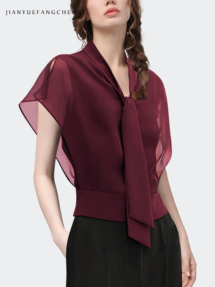 2024 Summer Chiffon Blouse Women Flowing Wine Red Lace Up Top Western Style Shirt Top Small Shirts Lightweight Thin Style