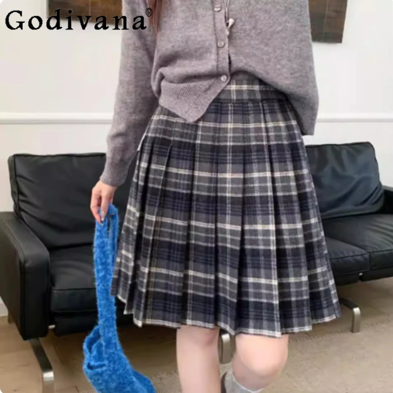 

Autumn Winter New Plus Size A-line Sweet Girls Versatile College Pleated Short Skirts Fashion High Waist Plaid Woolen Jk Skirts