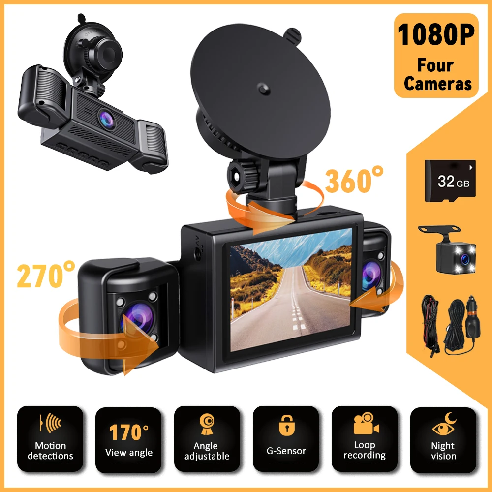 

4-канальный автомобильный видеорегистратор 1080P HD видеорегистратор 360 ° Видеорегистратор, 24-часовой парковочный монитор, камера заднего вида, G-сенсор, циклическая запись, автомобильная видеорегистратор