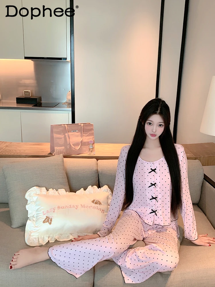 Sweet Girl Bow Polka Dot Printing Single-breasted Pajamas Summer New Comfortable Soft Outdoor Loungewear