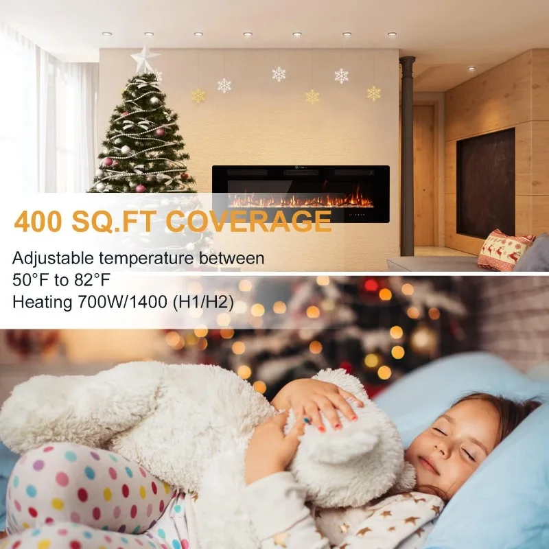 Cool to The Touch Fireplace Heater, Recessed and Wall Mounted Fireplaces with Timer Remote Control Adjustable Flame Color