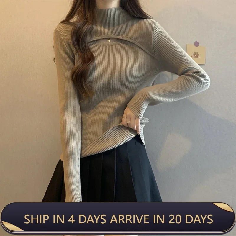 

Knitted Sweater For Women In Niche Hollow Out Interior Sweater For Women Chubby Sister Half High Neck Slimming Knit Top