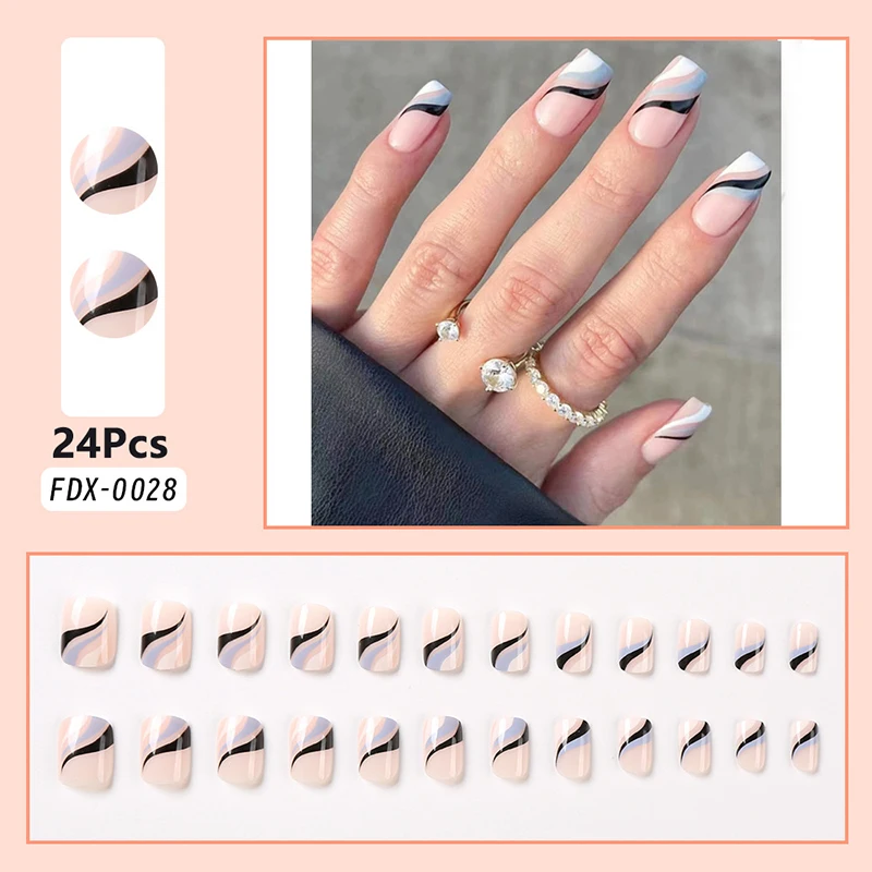 24Pcs/Boxed French Style Stripe Press On Nails Gel Reusable Personality Nail Tips Fast Wearable Full Finished False Nails