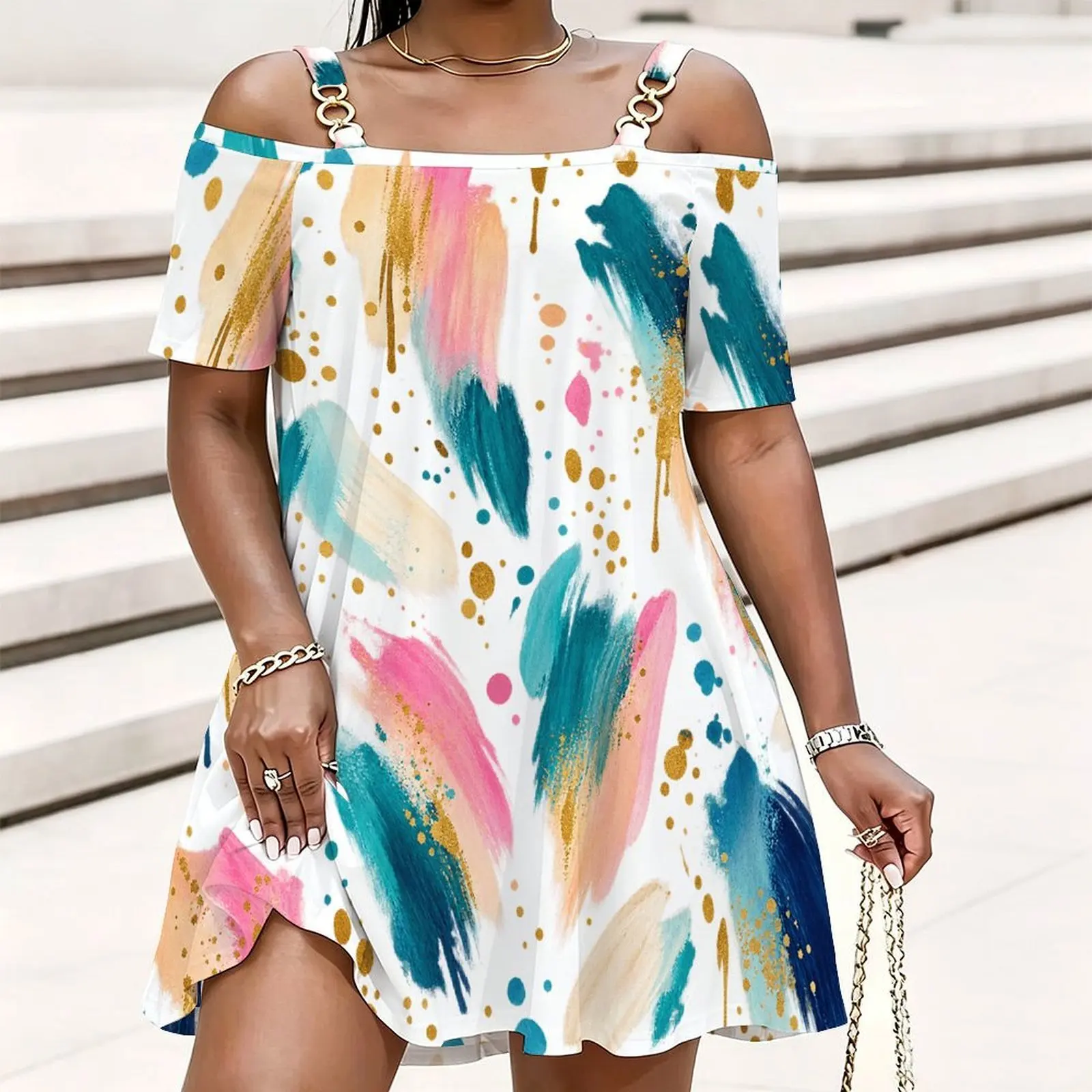Women Multicolor Abstract Brushstroke Dot Printed Cold Shoulder Short Sleeve Chain Strap Loose Top
