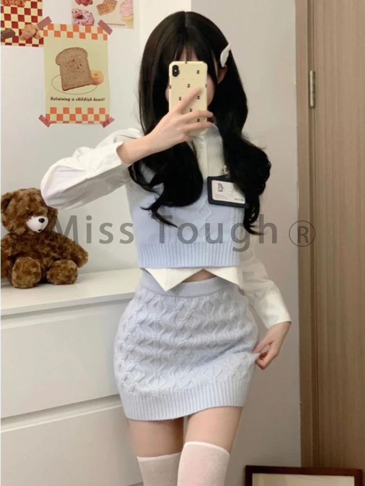 Winter Kawaii Knitted Three Piece Set Women Japanese Party Mini Skirt Suit Female Korean Fashion Y2k Sweet Sweater Set 2023 New