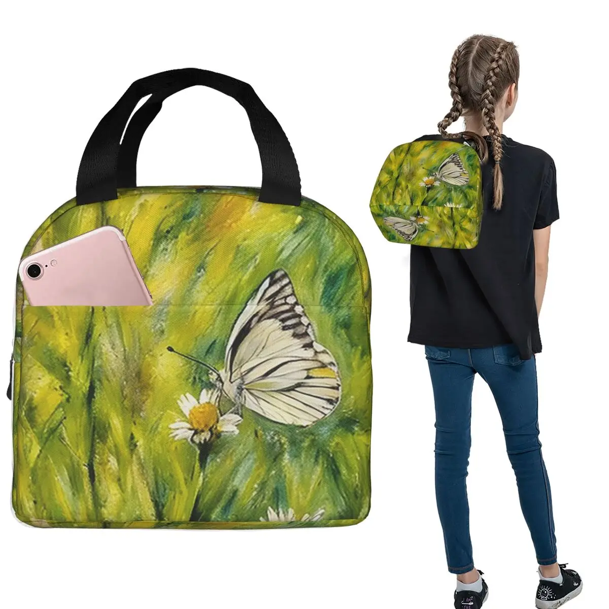 Butterfly Stands On Flowers Oil Painting Insulated Lunch Bag for Women Kids Portable Food Boxes Thermal Lunch Box Tote