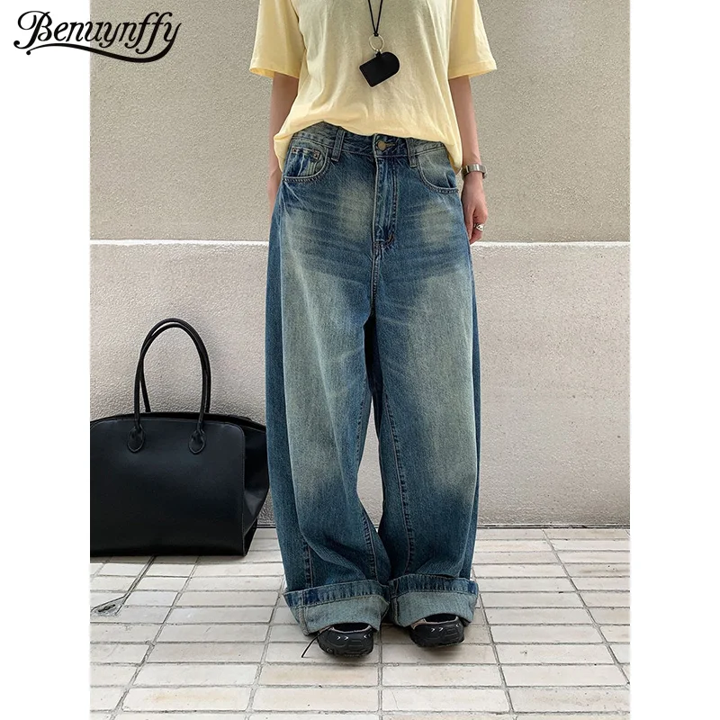 Benuynffy American Streetwear Washed Baggy Jeans Women 2026 Summer New Fashion Vintage Adjustable Waist Loose Wide Leg Pants