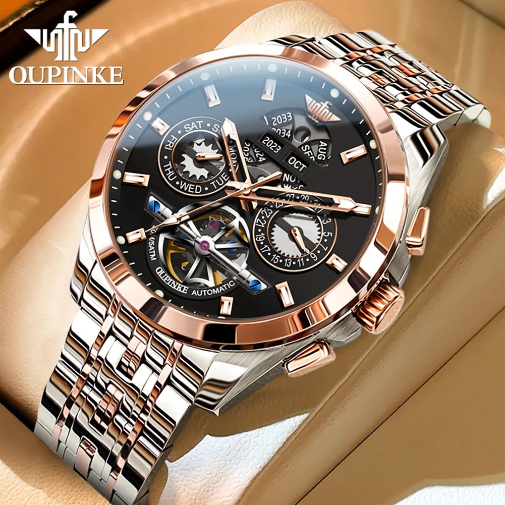 OUPINKE 3251 Herenhorloge Luxe saffierglas Tourbillon mechanisch horloge ﻿   Wolfraamstaal 50M waterdicht horloge voor heren geschenkdoos
