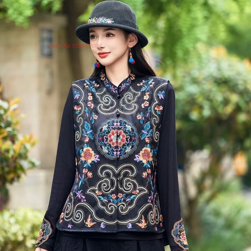 

2025 китайские винтажные топы ханьфу, национальная цветочная вышивка, народный жилет, атласный жаккардовый воротник-стойка, этнический жилет, куртка без рукавов