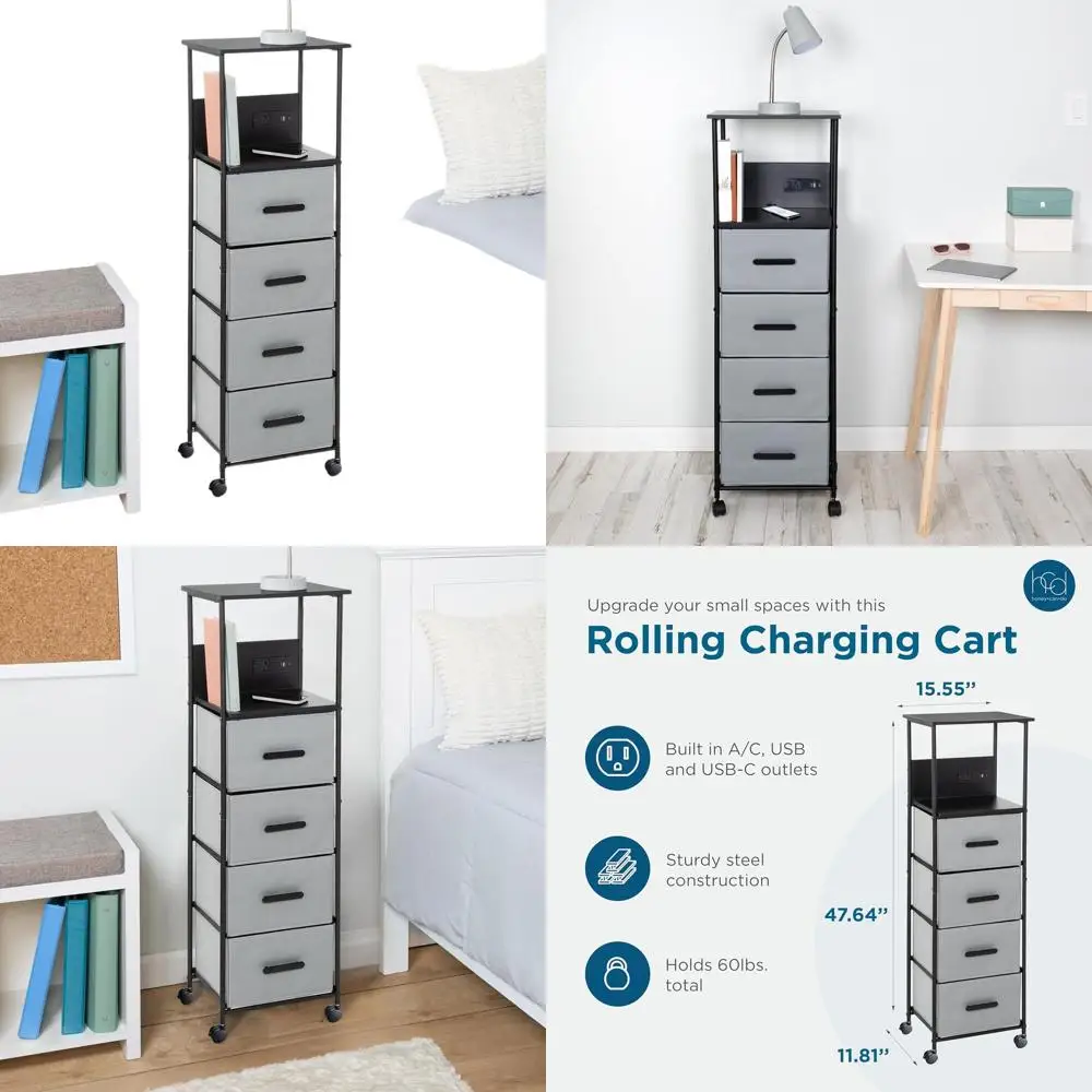

4-Drawer Fabric Dresser Organizer with USB Charging, Vertical Storage Nightstand for Dorms and Bedrooms, Black/Gray