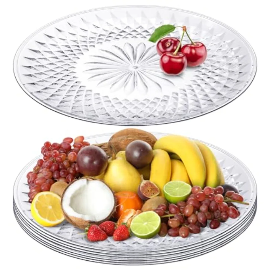 

6 Pcs Round Plastic Serving Platters Clear Plastic Serving Tray Acrylic Crystal Flan Plates for Food Cake Cookie Fruits Birthda