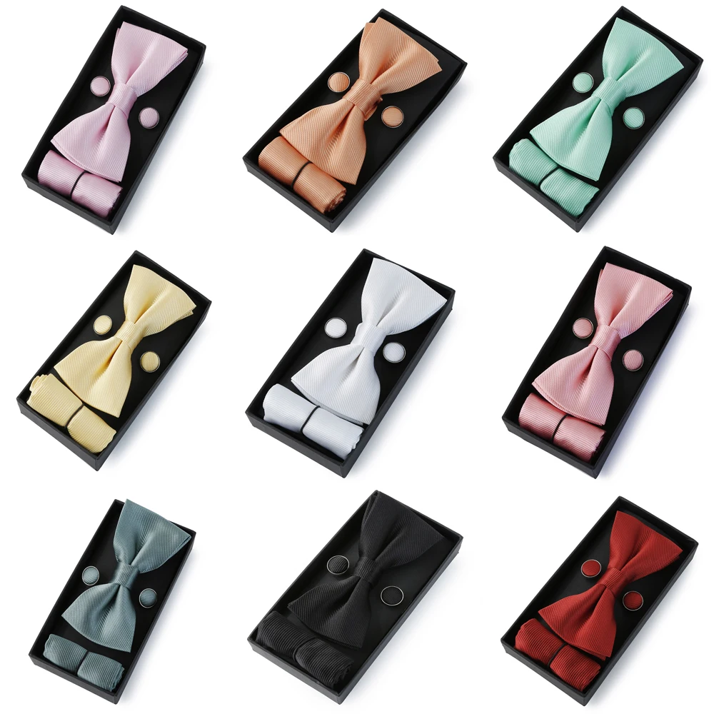 

New Solid Bowtie Men Polyester Bow Tie Pocket Square Cufflink Set For Groom Wedding Banquet Bussiness Butterfly Bowknot Gift Box