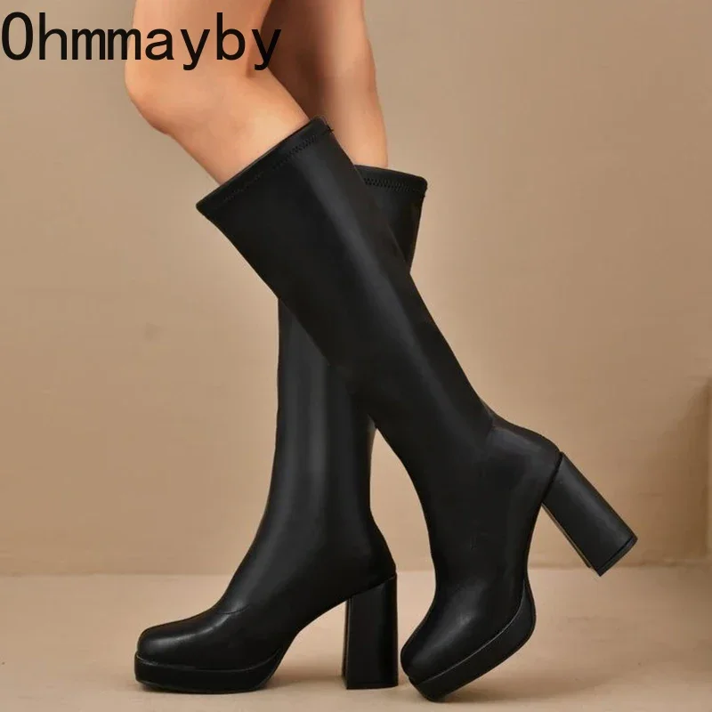 Autumn Winter Platform Women Knee High Boots Fashion Slip On Shoes Concise Square High Heel Long Botas De Mujer