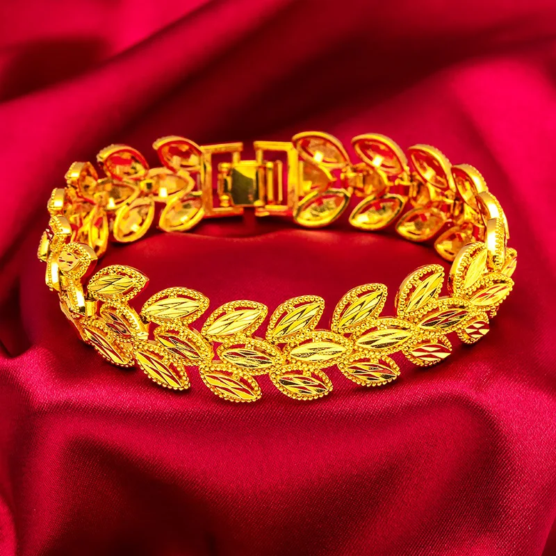 

24K Gold AU999 Women's Wheat-Leaf Bracelet-Ring - Wide Edge + 3D Relief, Matte Wheat/Polished Leaf Contrast, Luxury Flattering
