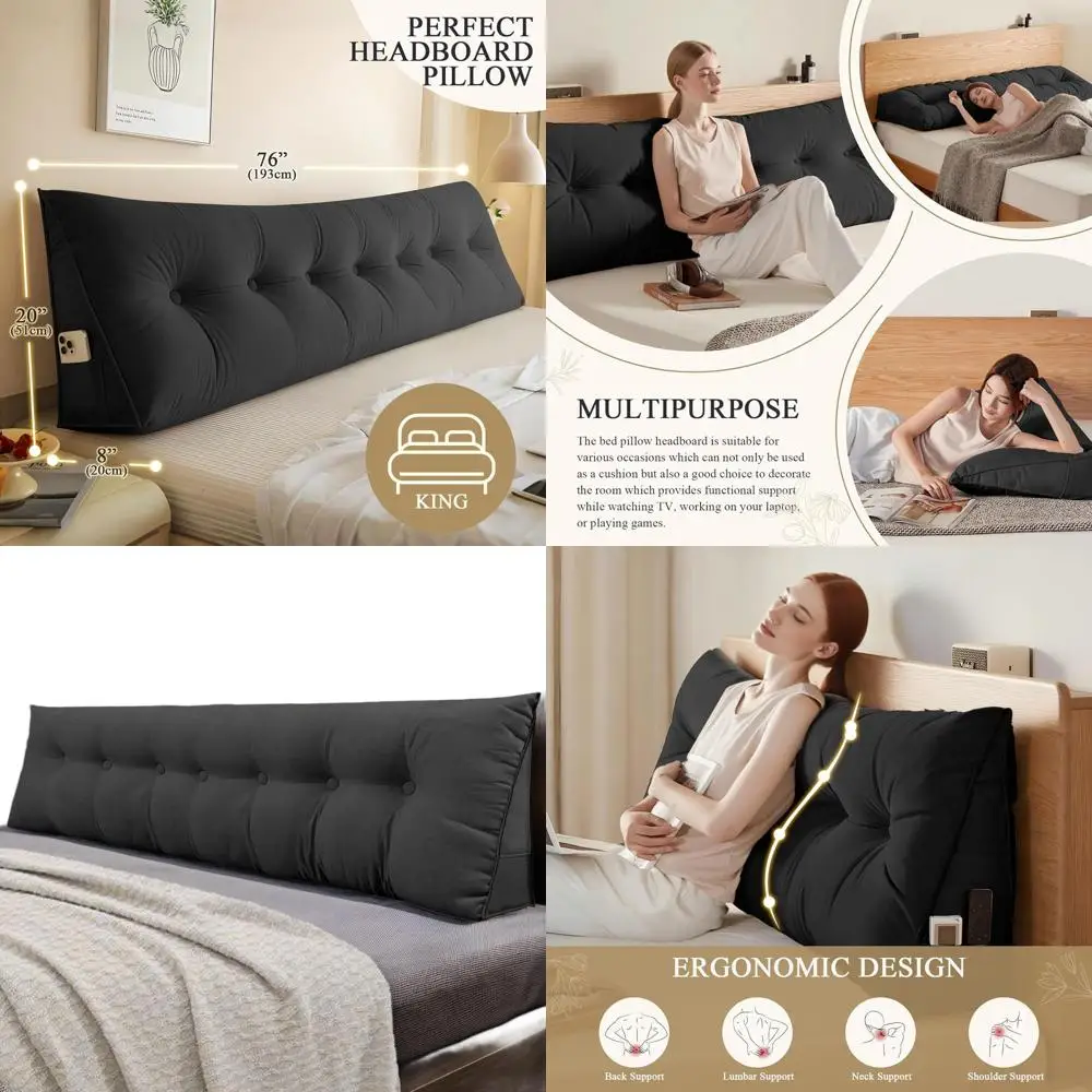 

King Size Triangular Wedge Pillow for Reading and Relaxation, Ergonomic Back Support with Removable Cover (Black)