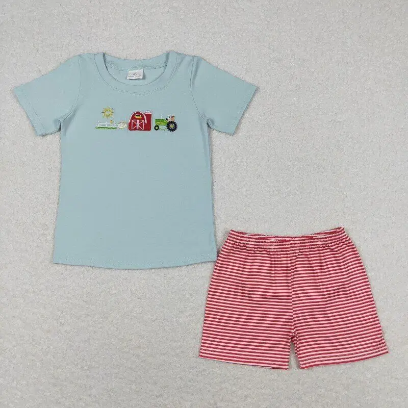 

Boutique wholesale farm embroidery clothing Toddler boys Outfits Baby Short Sleeves Top stripe Shorts Kids new arrivals sets