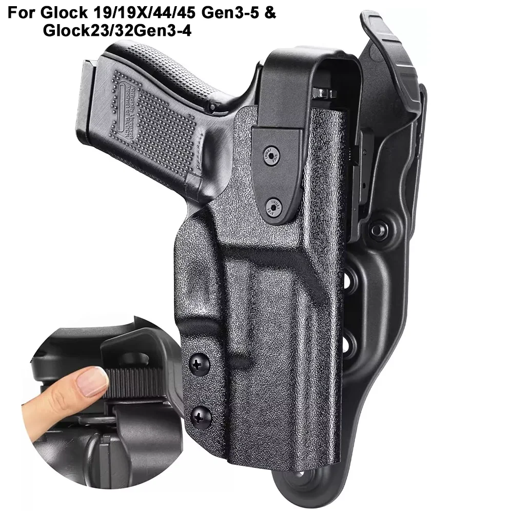 

Для Glock G19/19X/44/45 (Gen3-5) и Glock G23/32 (Gen3-4), кобура Kydex, уровень II с защитой крючка, разблокировка большого пальца, правая рука