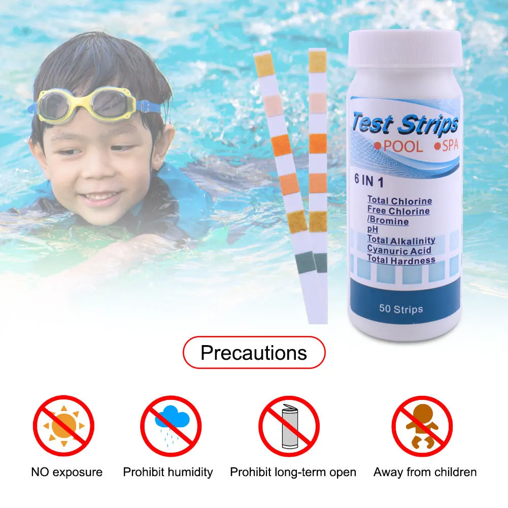 50 Stück/Flasche 6 in 1 Mehrzweck-Chlor-PH-Teststreifen SPA Schwimmbad Wasser Tester Papier – Detail 3